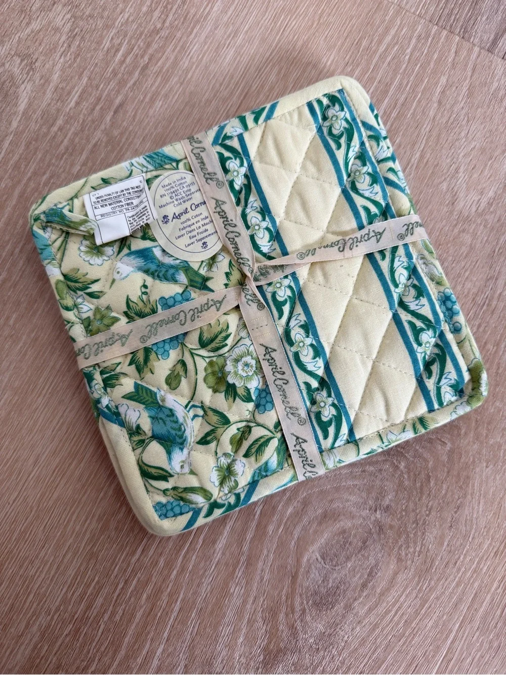 April Cornell yellow blue green floral quilted pot holders set of 3